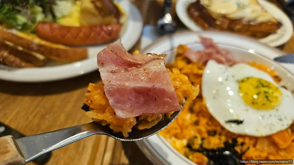 Cross-section of fried rice mixed with bacon