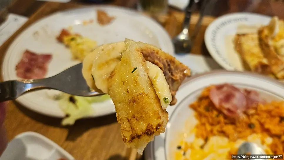 Cross-section of French toast cut with a fork