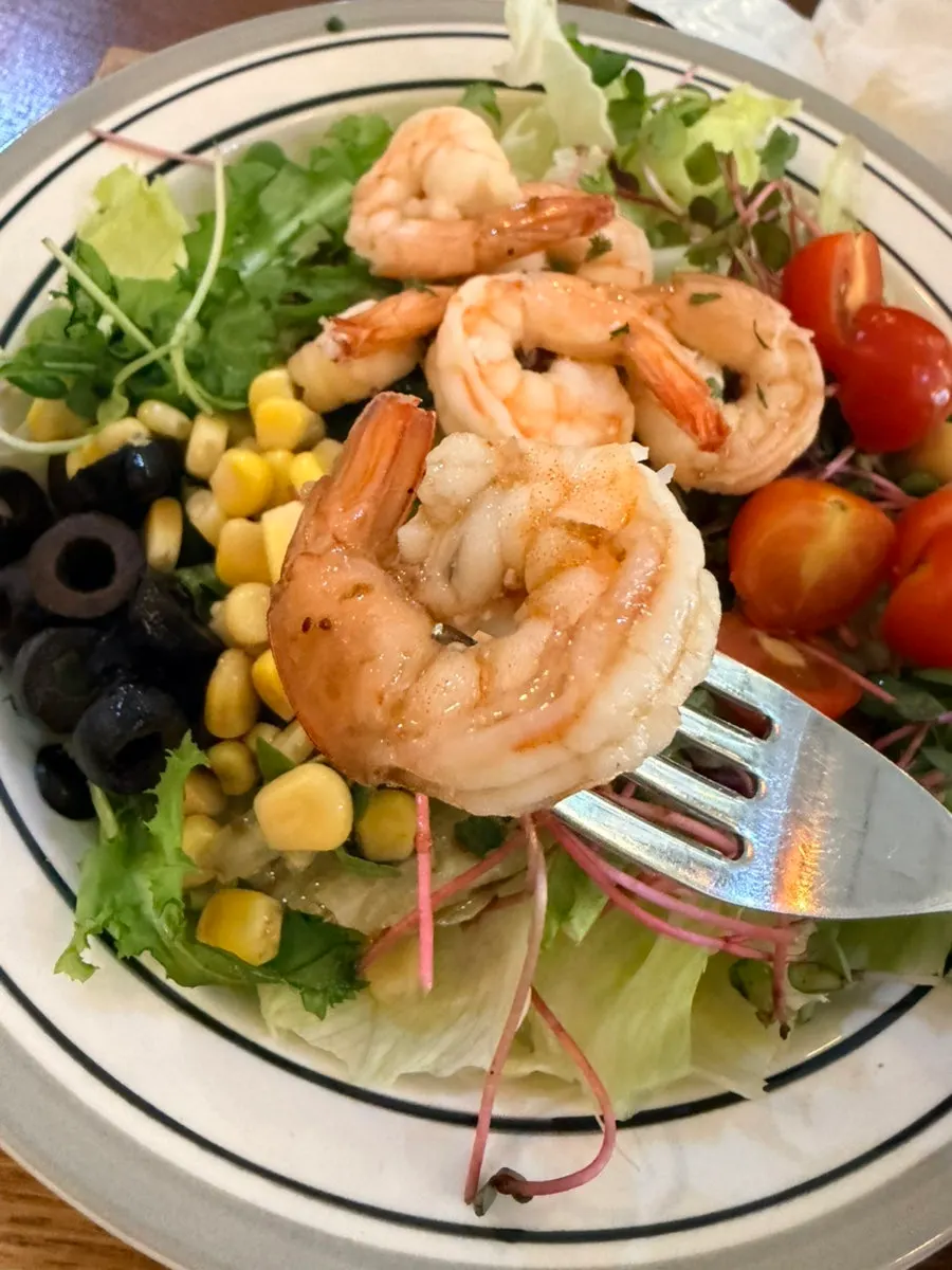 Close-up of the whole shrimp salad plate