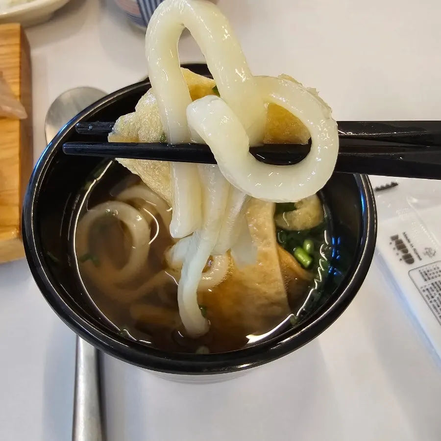 Udon with fried tofu skin and fish cake