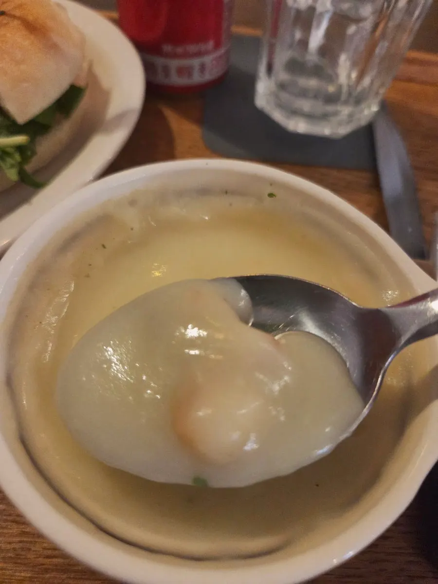 Homemade potato cream soup topped with croutons