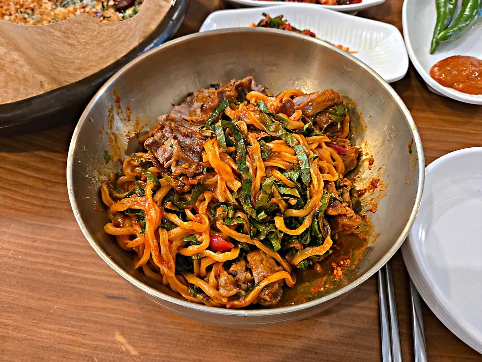 Kalguksu and chive pancake meal spread