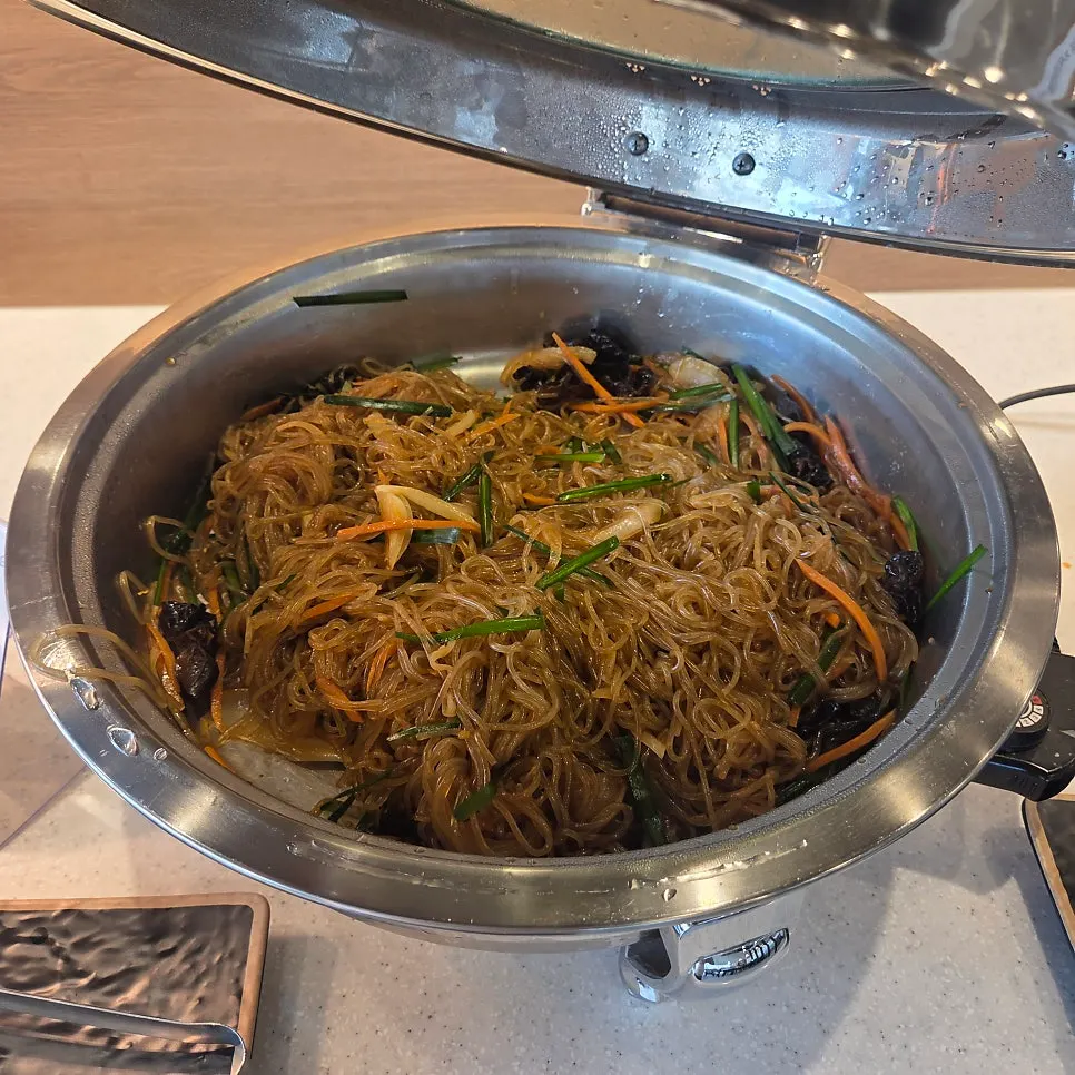 Self-serve banchan bar set up in the middle of the restaurant