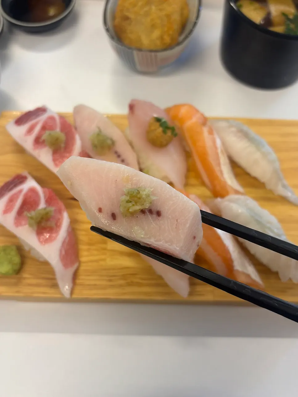 Close-up of salmon belly sushi