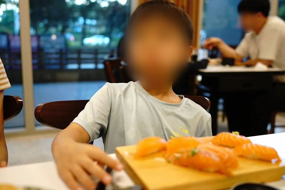 Close-up of seared and soy-marinated salmon sushi