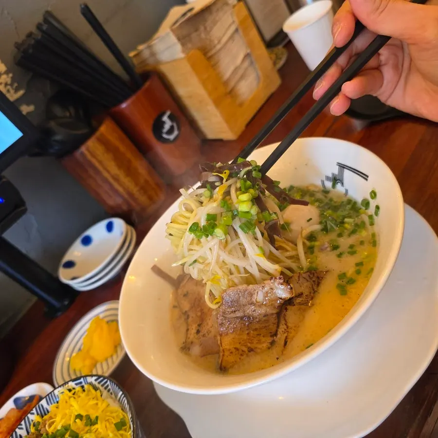 Tonkotsu ramen and tamago rice pairing at Gyedan Ramen in Ilsan