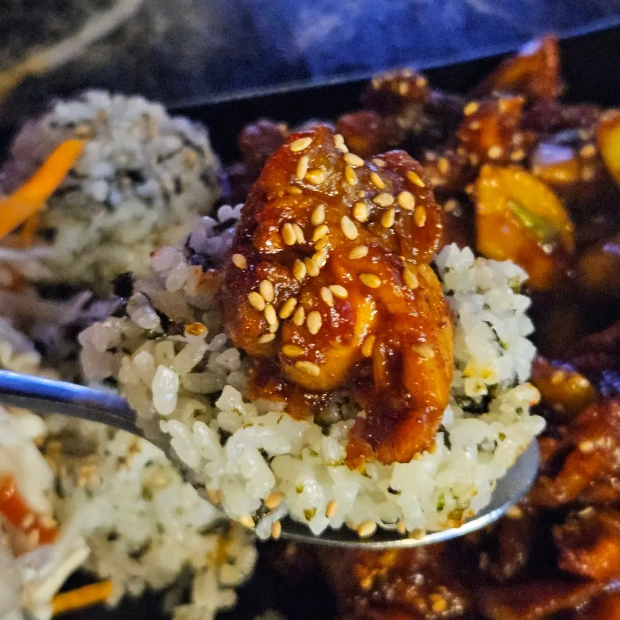A bite of seasoned chicken piled onto rice