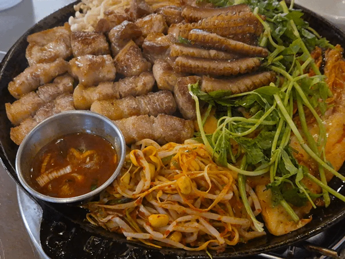 Medium grilled platter set with pork belly, pork neck, and pork skin