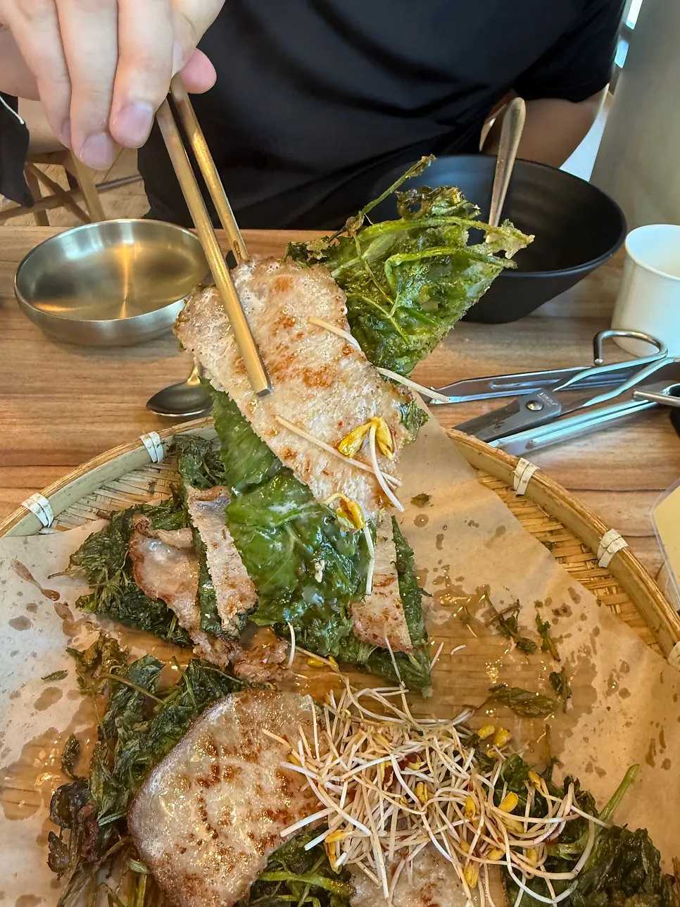 Cross-section of the crispy pork minari pancake showing its crunchy cut