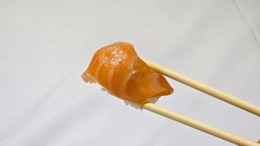 Close-up of salmon sushi inside the omakase sushi set