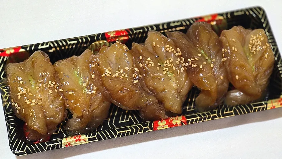 Container of the 6-piece soy sauce shrimp sushi