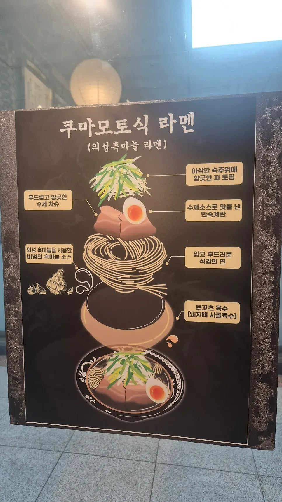 Storefront sign listing chirashi sushi and Kumamoto-style ramen