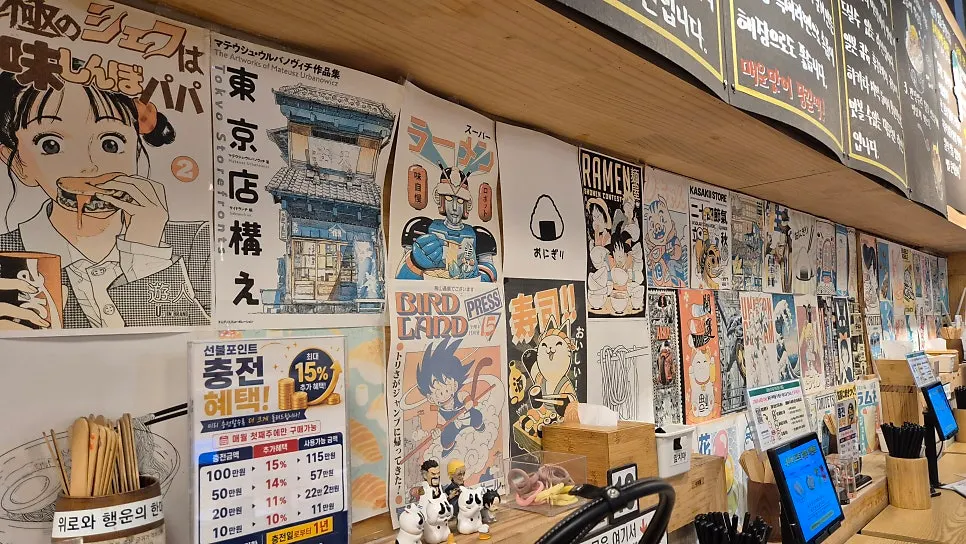 Interior with Japanese manga posters on the walls