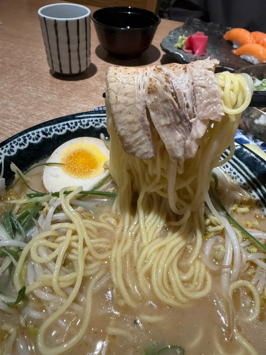 Noodles and broth of the Fukuoka-style ramen