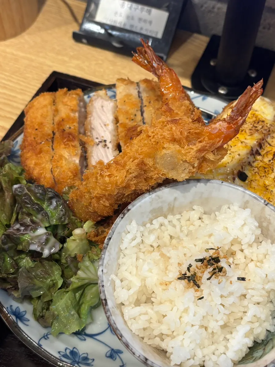Mixed katsu platter with shrimp katsu, pork loin katsu, and cheese katsu