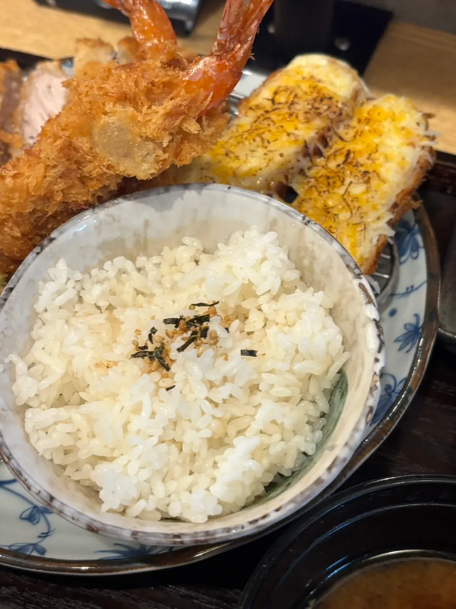Close-up of the crispy breading on the mixed katsu platter