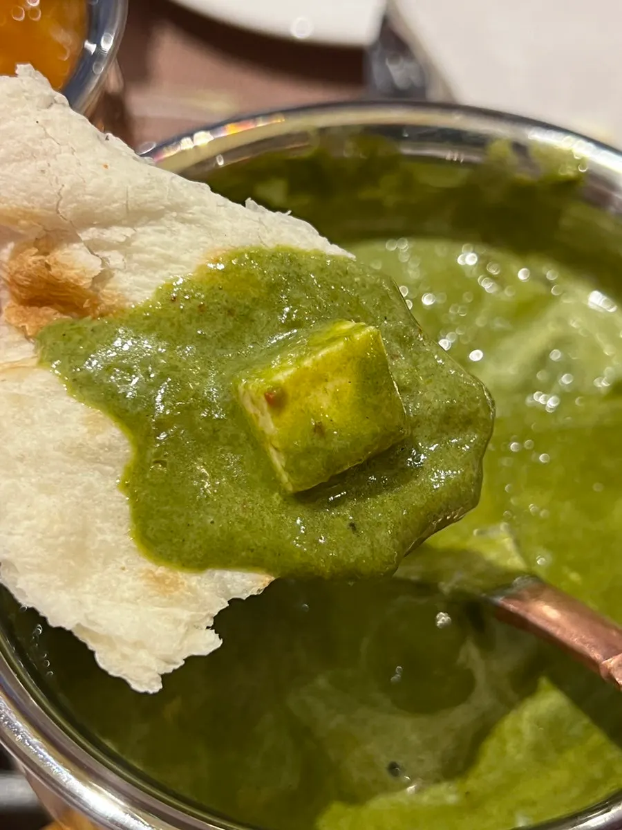 Palak paneer showing cubes of cheese