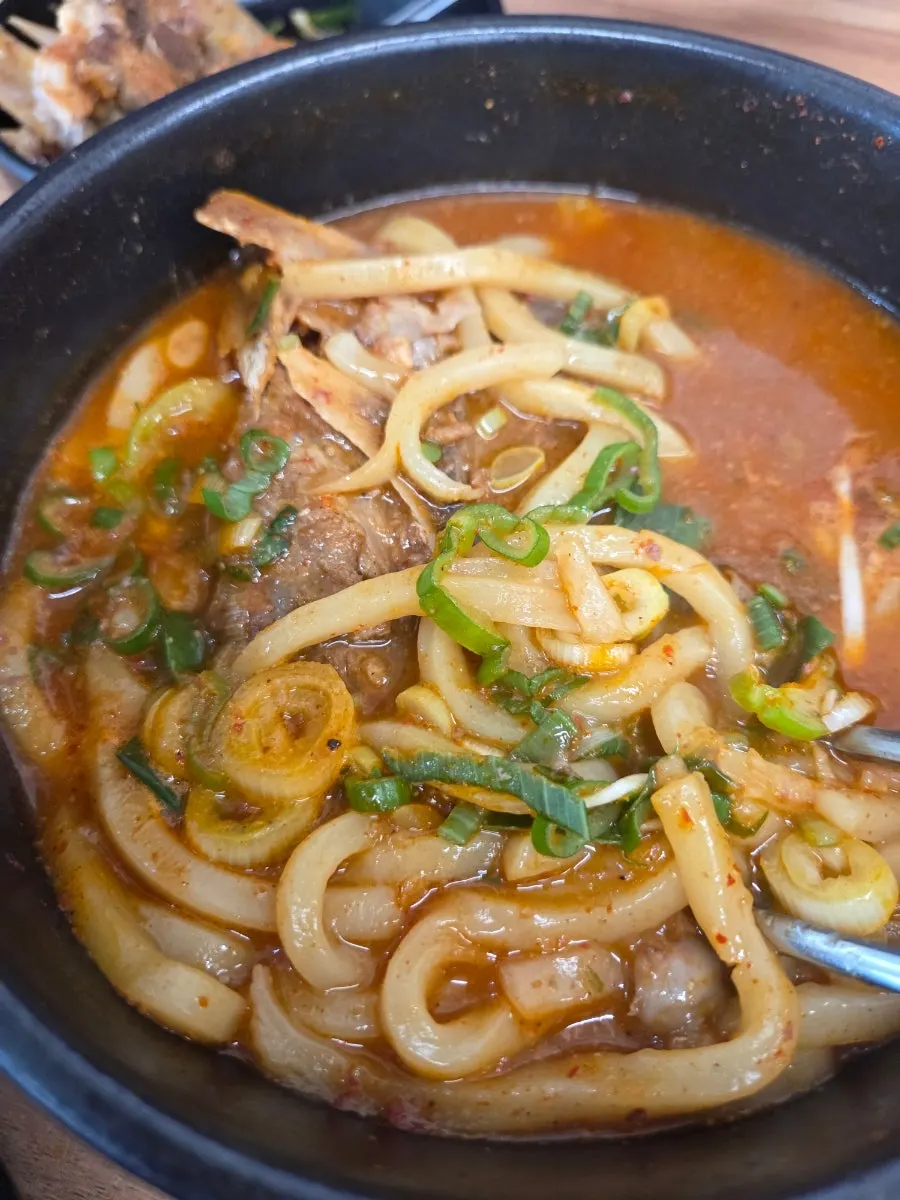 Udon noodles lifted with chopsticks