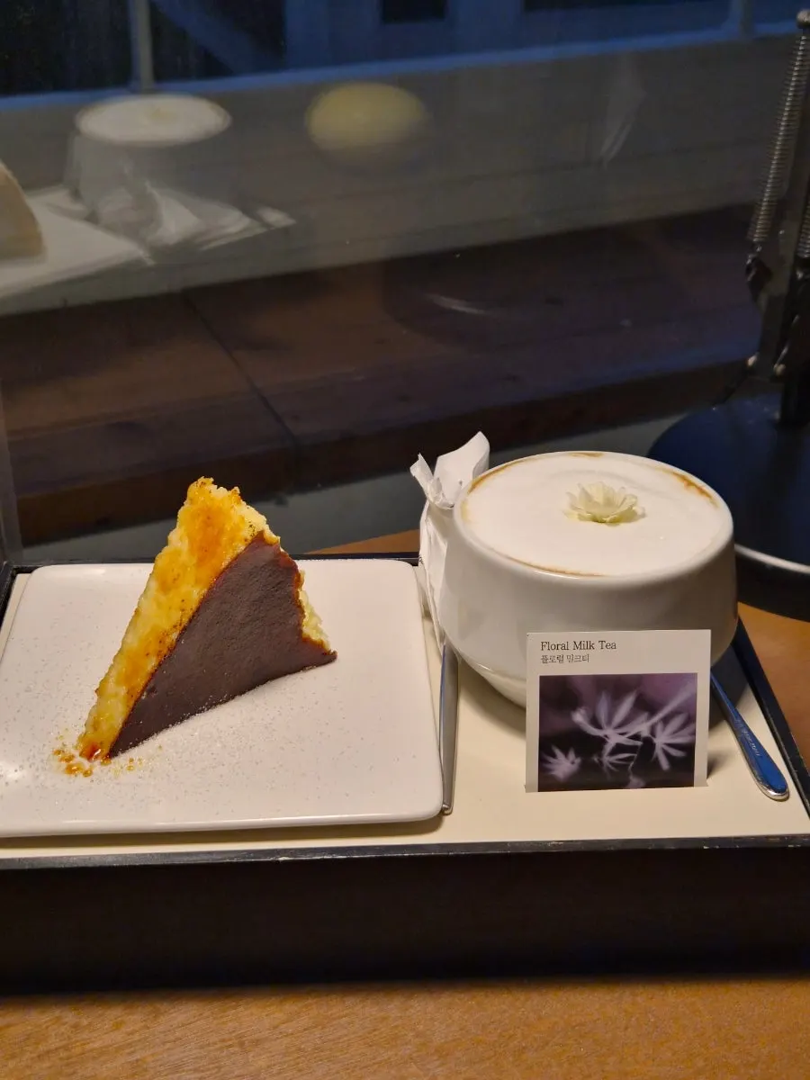 A slice of caramelized Basque cheese brûlée
