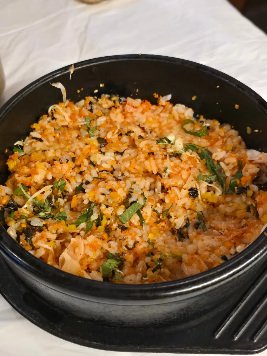 Roe stone pot bibimbap loaded with flying fish roe