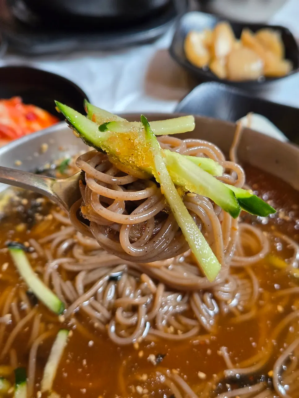 Mul-makguksu with fresh-made buckwheat noodles lifted up