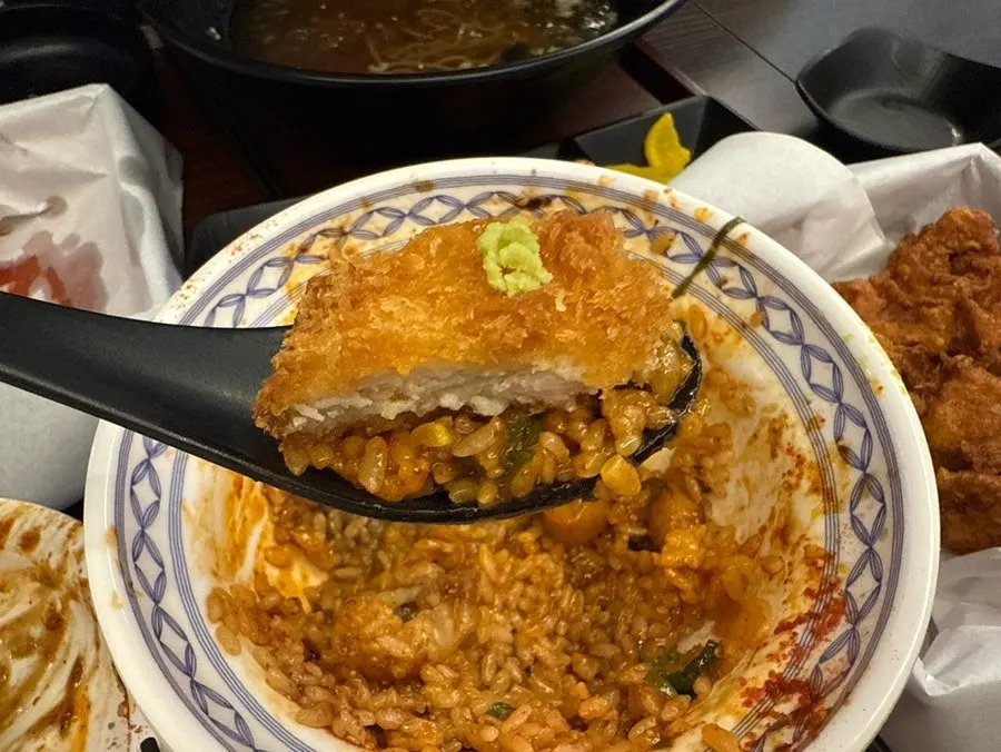 Soba and tonkatsu combo table spread