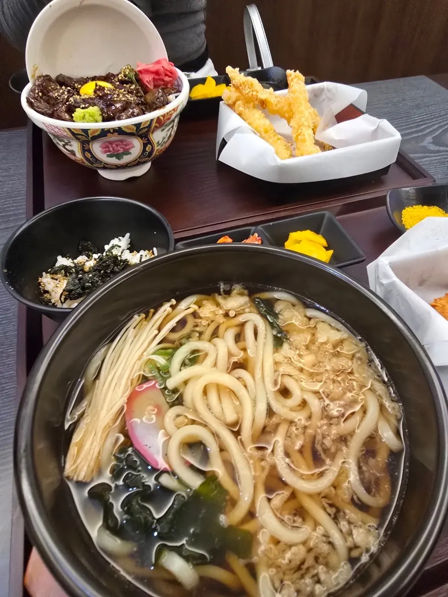 Table with udon set, rice bowl, and fried dishes together