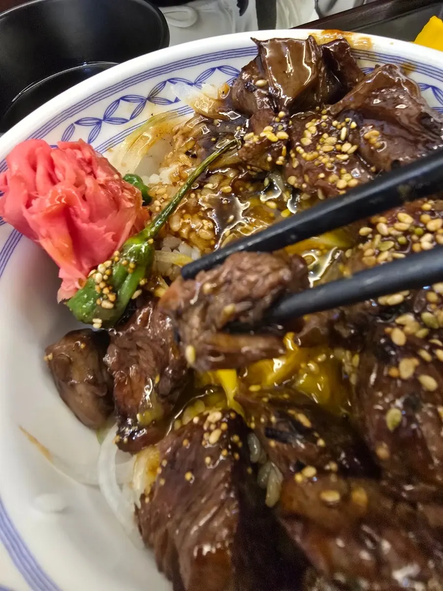 Close-up of tender steak on the rice bowl