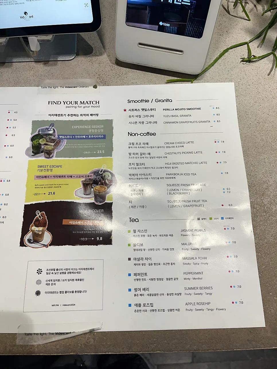 Iridescent's drinks menu board