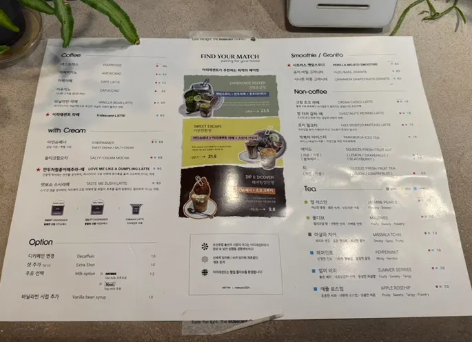 Menu board at Iridescent café