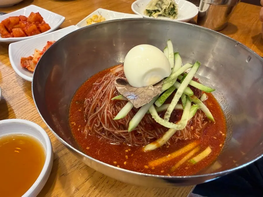 Close-up of chewy Hamheung naengmyeon noodles