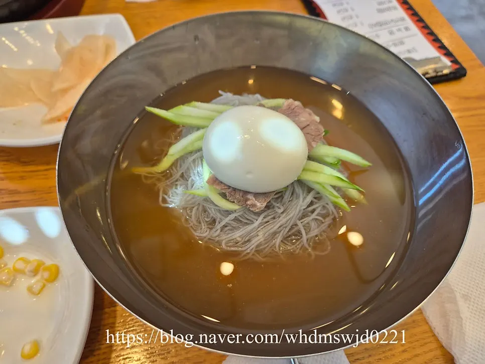Bowl of mul naengmyeon topped with egg and garnish