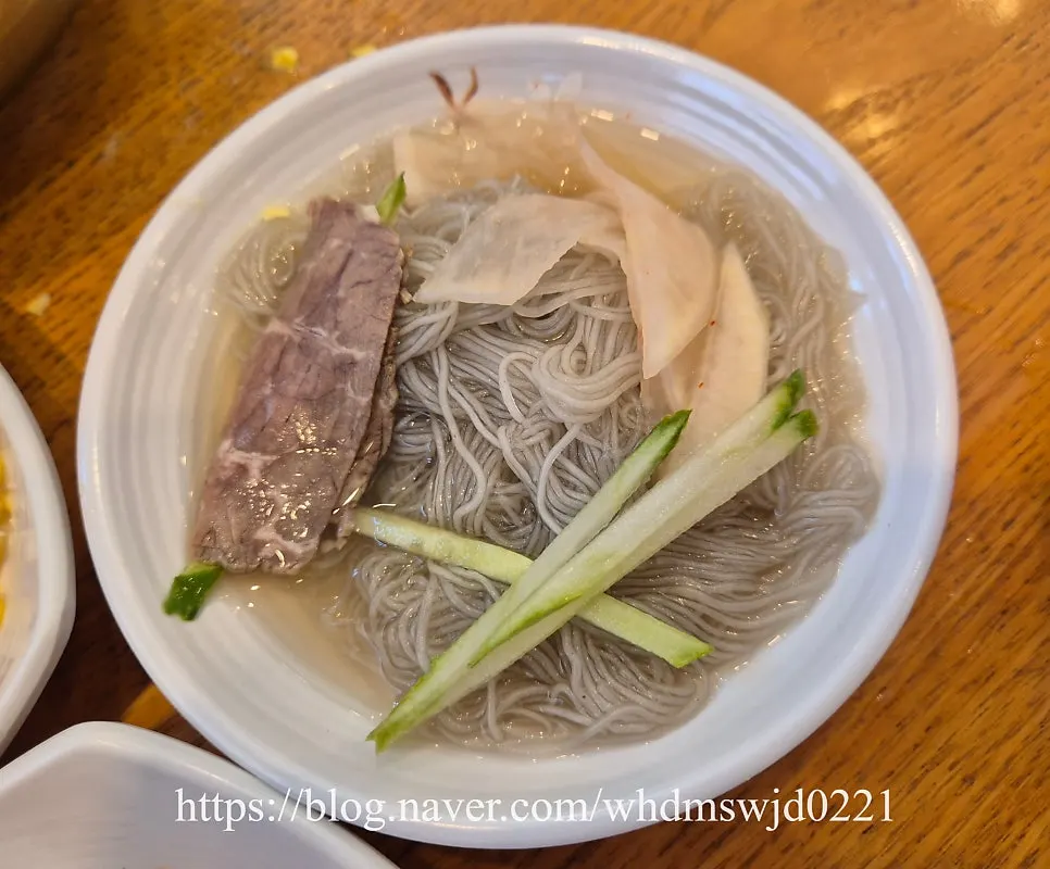 Seokkeo naengmyeon glistening with bibim sauce
