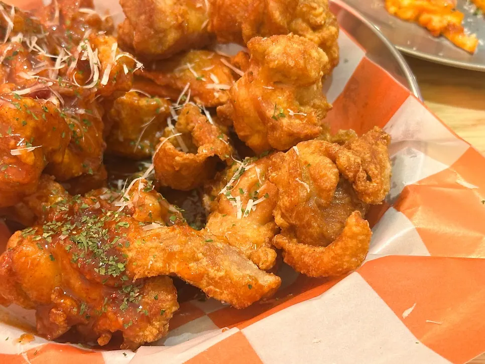 Crispy-coated boneless fried chicken