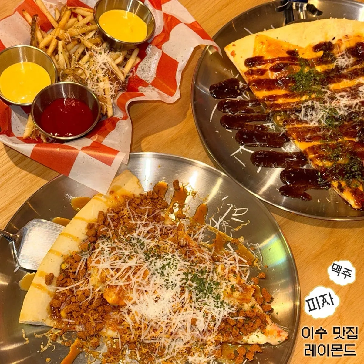 Main shot of slice pizza and beer at Raymond Isu Branch