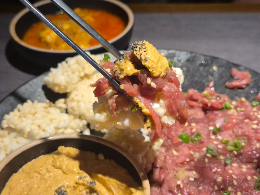 Yukhoe and monkfish liver plated together