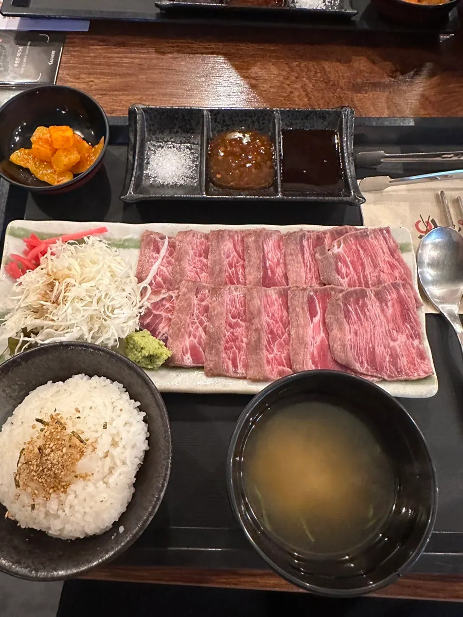 Cross-section of the gyukatsu showing the bright red rare beef
