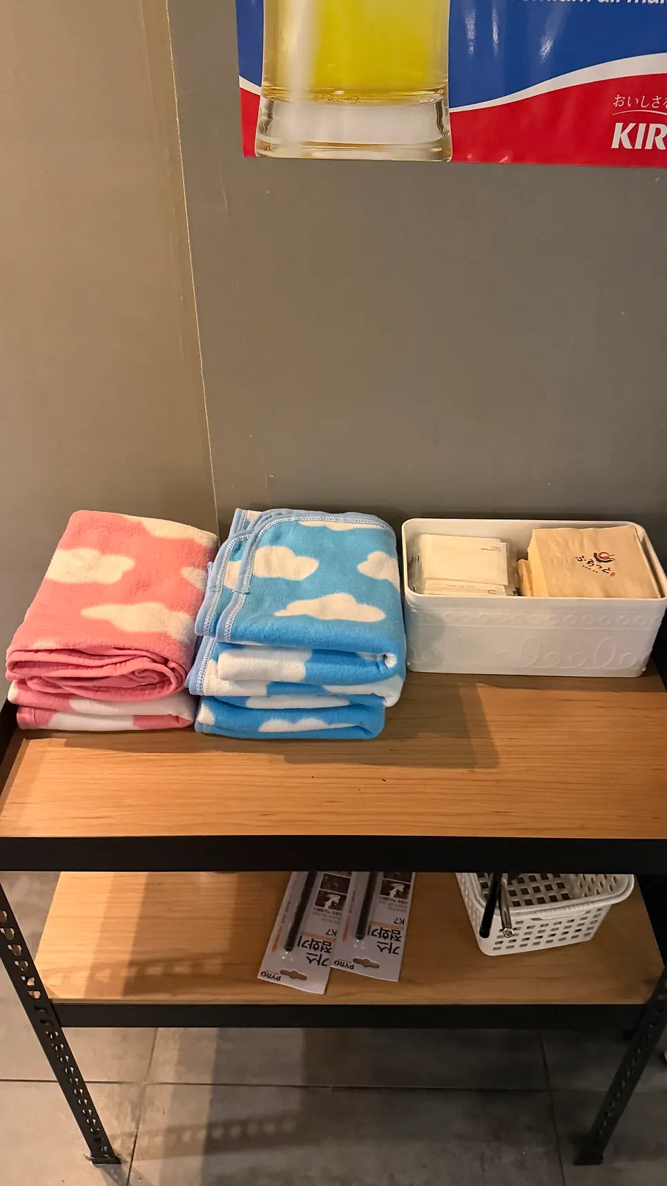 A corner of the restaurant with baby chairs and blankets ready