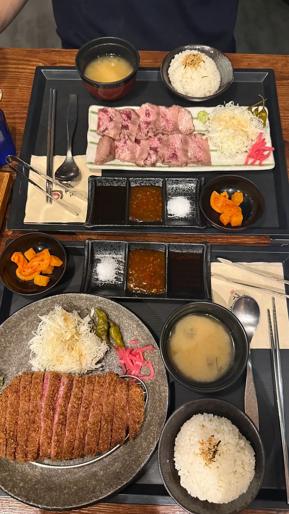Three sauces: salt, chili sauce, and soy sauce