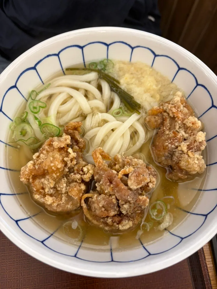 唐揚げがのったトリテンうどん