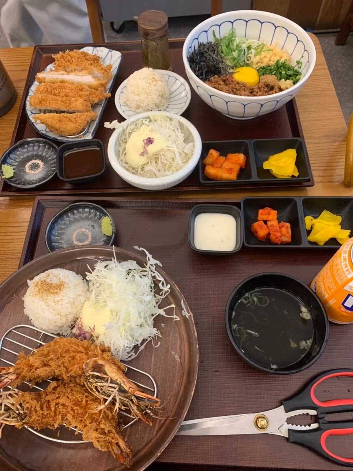 Full spread of mazesoba udon and king shrimp katsu