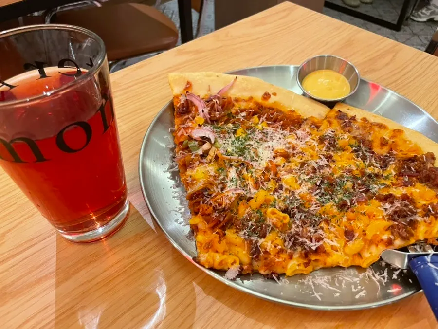 Ordered slice pizzas and blueberry sour ale