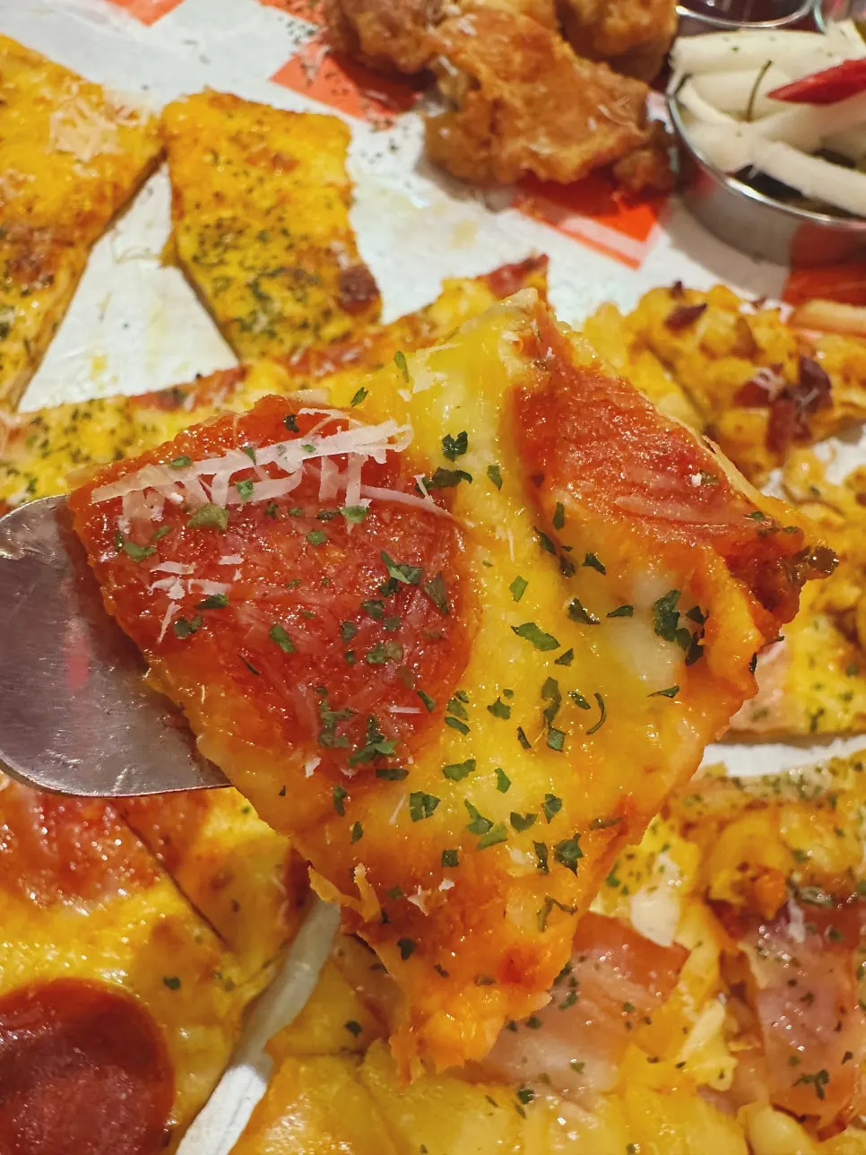 Close-up of the pepperoni slice pizza