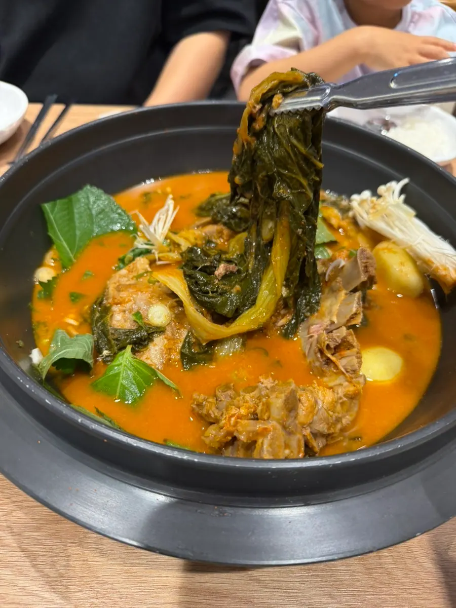 Large pork spine bones and radish greens lifted out of the pot