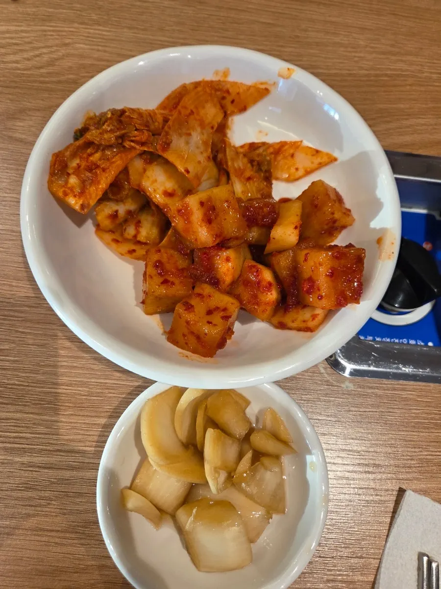 겉절이와 깍두기, 양파절임을 담아온 반찬 접시