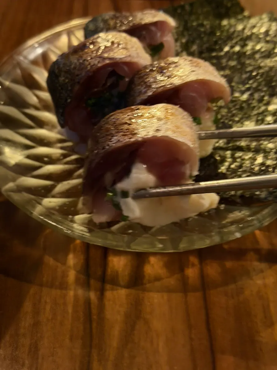 Mackerel torch-seared sushi with potato instead of rice