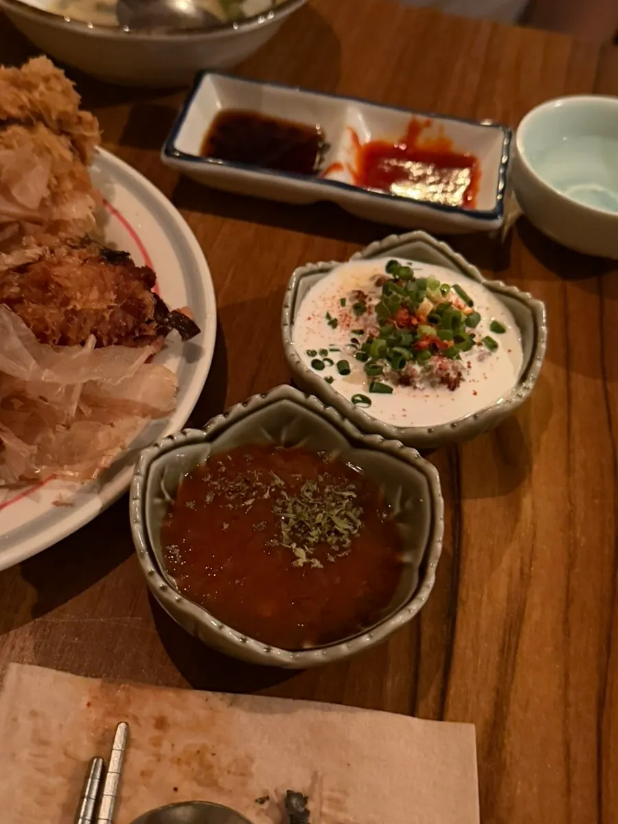 Miso eggplant tempura topped with bonito flakes