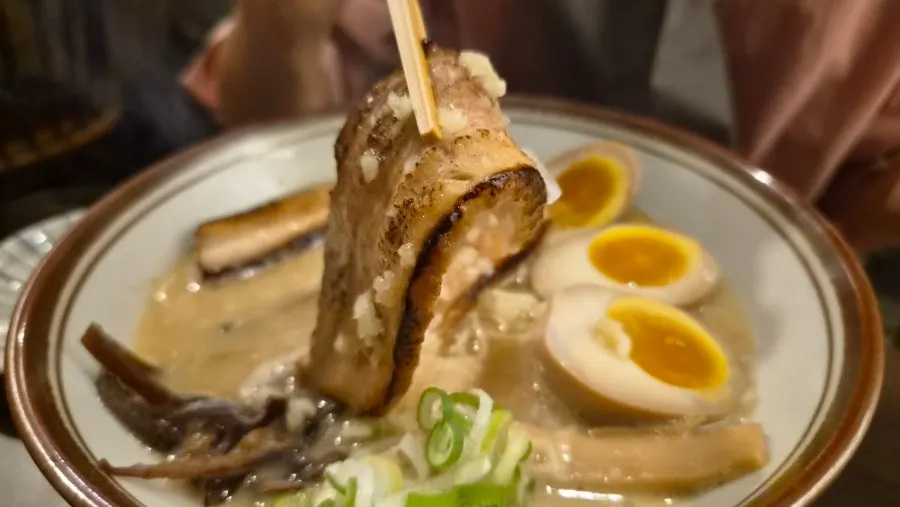 Tonkotsu ramen topped with chashu and egg