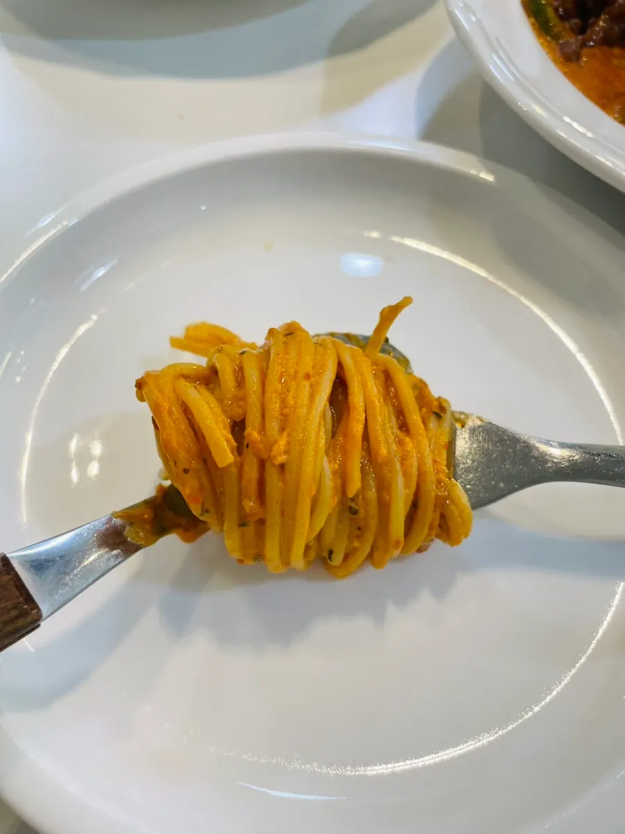 Close-up of the red mala rosé sauce pasta