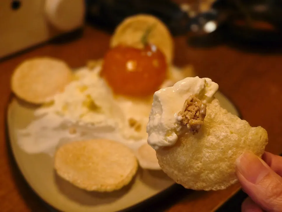 Ice persimmon platter with puffed rice snack and ice cream